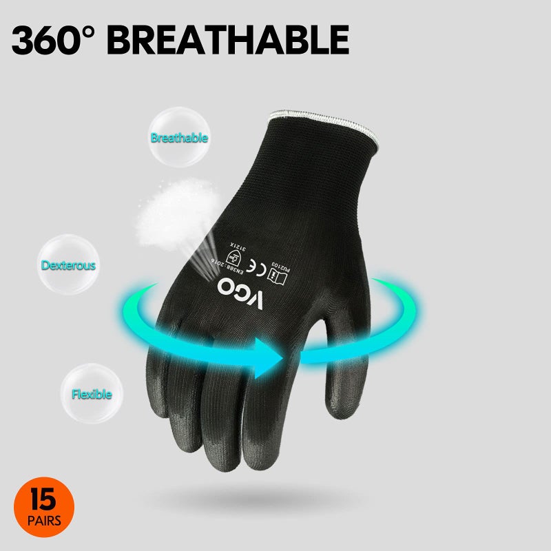 Vgo... 15-Pairs Safety Work Gloves, Gardening Gloves, Polyurethane Coated, Dipping Gloves, Latex Free (Size S, Black, PU2103) - Image 4